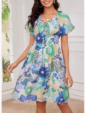 Chic Nation Blue & Green Floral Tie-Front Mini Dress